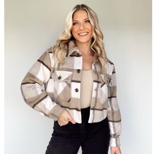 Stylish Plaid Shacket in Tan and Cream